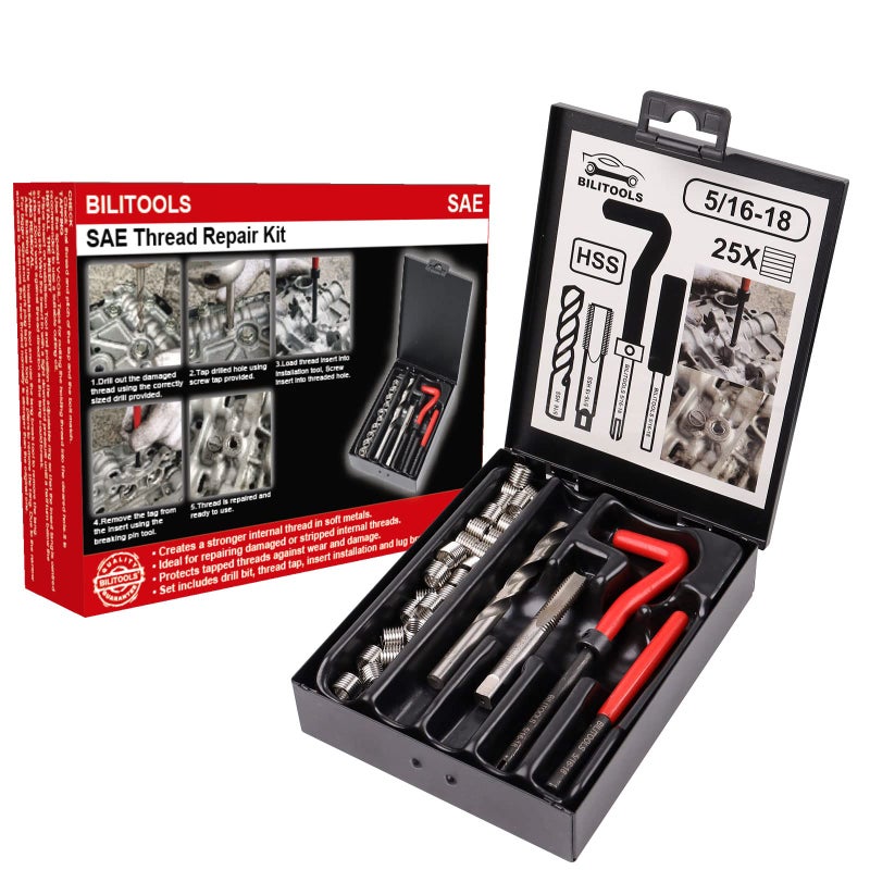 BILITOOLS 5/16-18 inch Thread Repair Kit, HSS Drill Helicoil Repair Kit SAE - Image 1